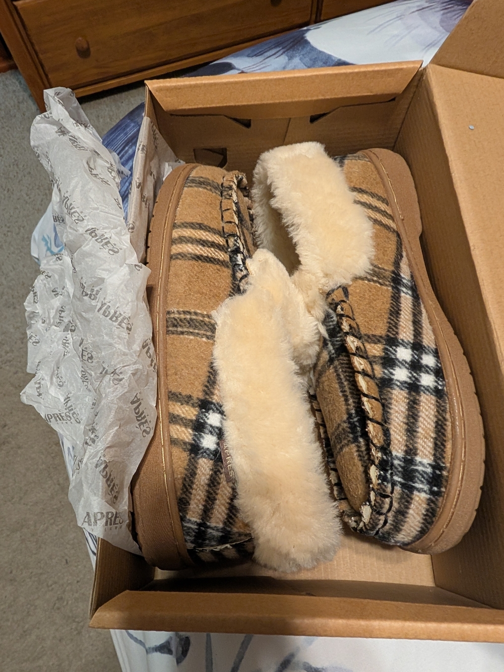 Plaid Faux-Shearling Slip-On Slippers in Tan